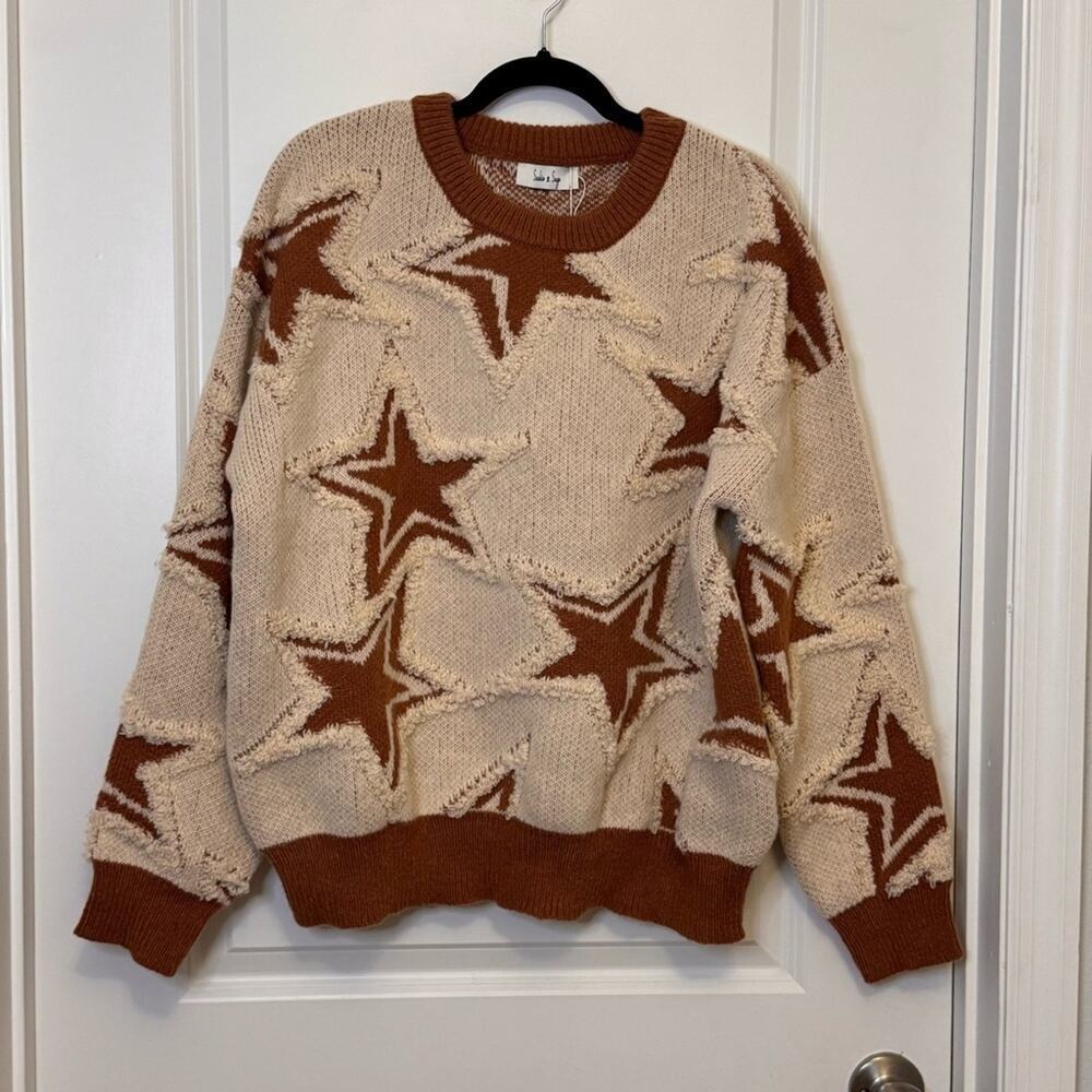 Sadie & Sage Cream and Brown Crew Neck Sweater